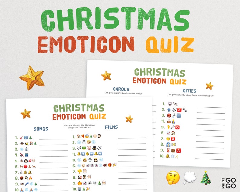 Puede incluir: Un juego de preguntas y respuestas de emojis de Navidad para imprimir, dividido en cuatro categor&iacute;as: canciones, pel&iacute;culas, villancicos y ciudades. Cada categor&iacute;a tiene diez preguntas con un emoji que representa la respuesta. El juego incluye un t&iacute;tulo, instrucciones y un gr&aacute;fico de estrella.
