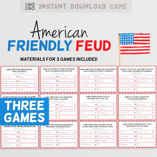 Patriotic USA Friendly Feud Quiz - The Hilarious Party Game of Guessing Top Answers | 4th July Game Night | Family Friendly Group Games