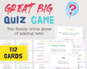 May include: A colorful printable quiz game with 112 cards. The game is called "Great Big Quiz Game" and is described as a family trivia game of placing bets. The cards are divided into categories such as "Pot Luck", "Animals + Nature", "Film", "True or False", "Science + Technology", "History", "World", "Sports", "Music", "Art", "Literature", and "Film".