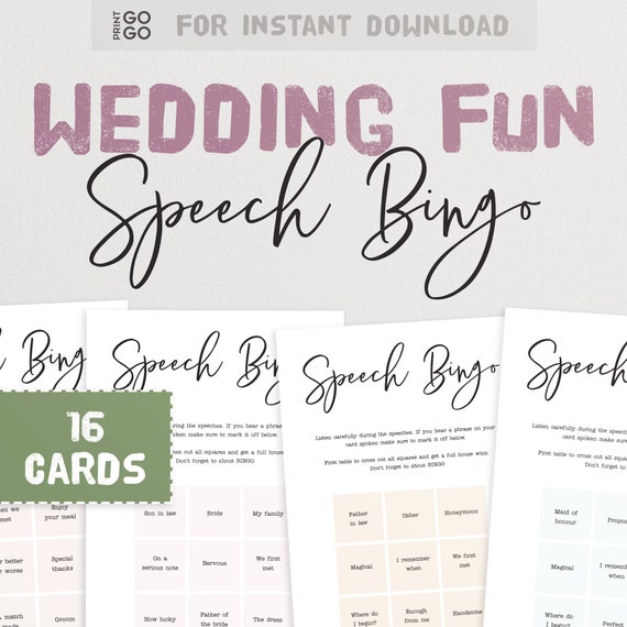 16 Wedding Speech Bingo Cards - An Ice Breaker Table Game for Guests | Wedding Speeches Game | Wedding Guest Games | Wedding Printable