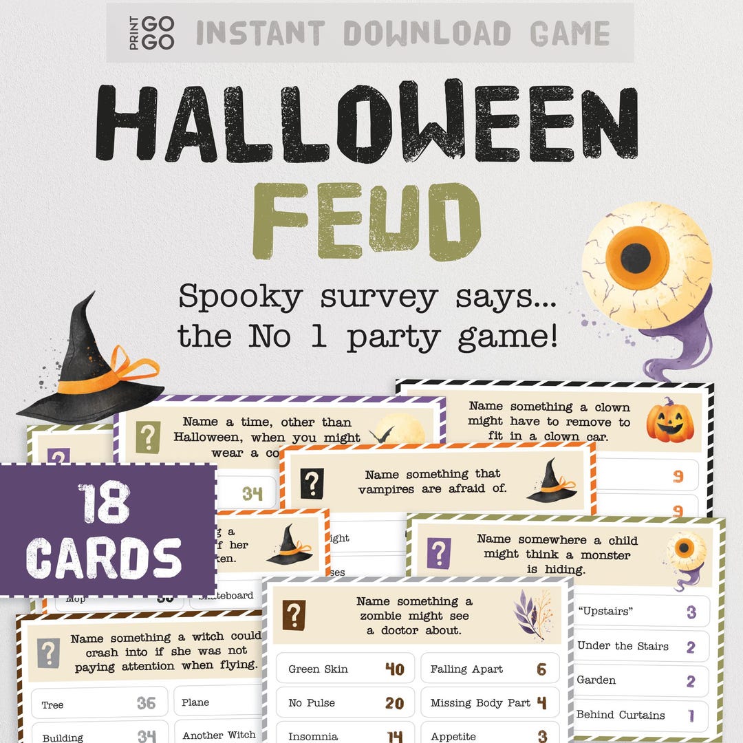 Halloween Friendly Feud Game Set - Family Party Game With Question Cards
