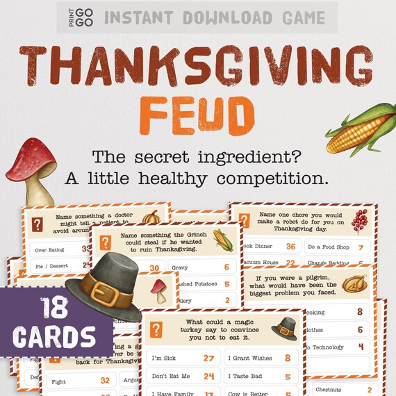Thanksgiving Friendly Feud Game - Fun Party Game For Adults & Families | Guess Top Answers, Ice Breaker, Trivia Cards | Includes 15 Question Cards
