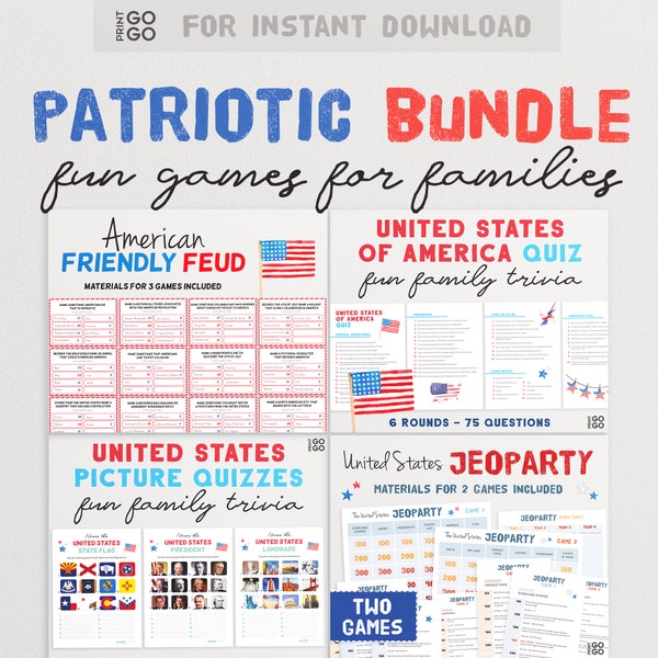 USA Patriotic Game Bundle - Four Fun Printable Games To Test Your Family | United States Trivia Quizzes | American Feud and Jeoparty