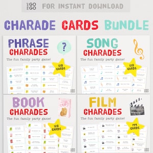 Pacchetto di carte Sciarade - Il divertente gioco per feste in famiglia di recitare e indovinare film, canzoni, libri e frasi! Giochi di squadra per famiglie stampabili