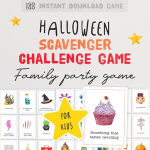 May include: A printable Halloween scavenger hunt game for kids. The game includes a list of items to find, such as a black cat, a Halloween drink, something you wear on your head, a cauldron, something with a battery, something with claws, and something that tastes revolting.