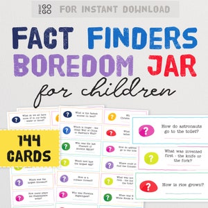 Tarjetas para el frasco del aburrimiento de Fact Finders: 144 preguntas de cuestionario para mantener a los niños entretenidos durante las vacaciones / Actividad escolar para el hogar que elimina el aburrimiento