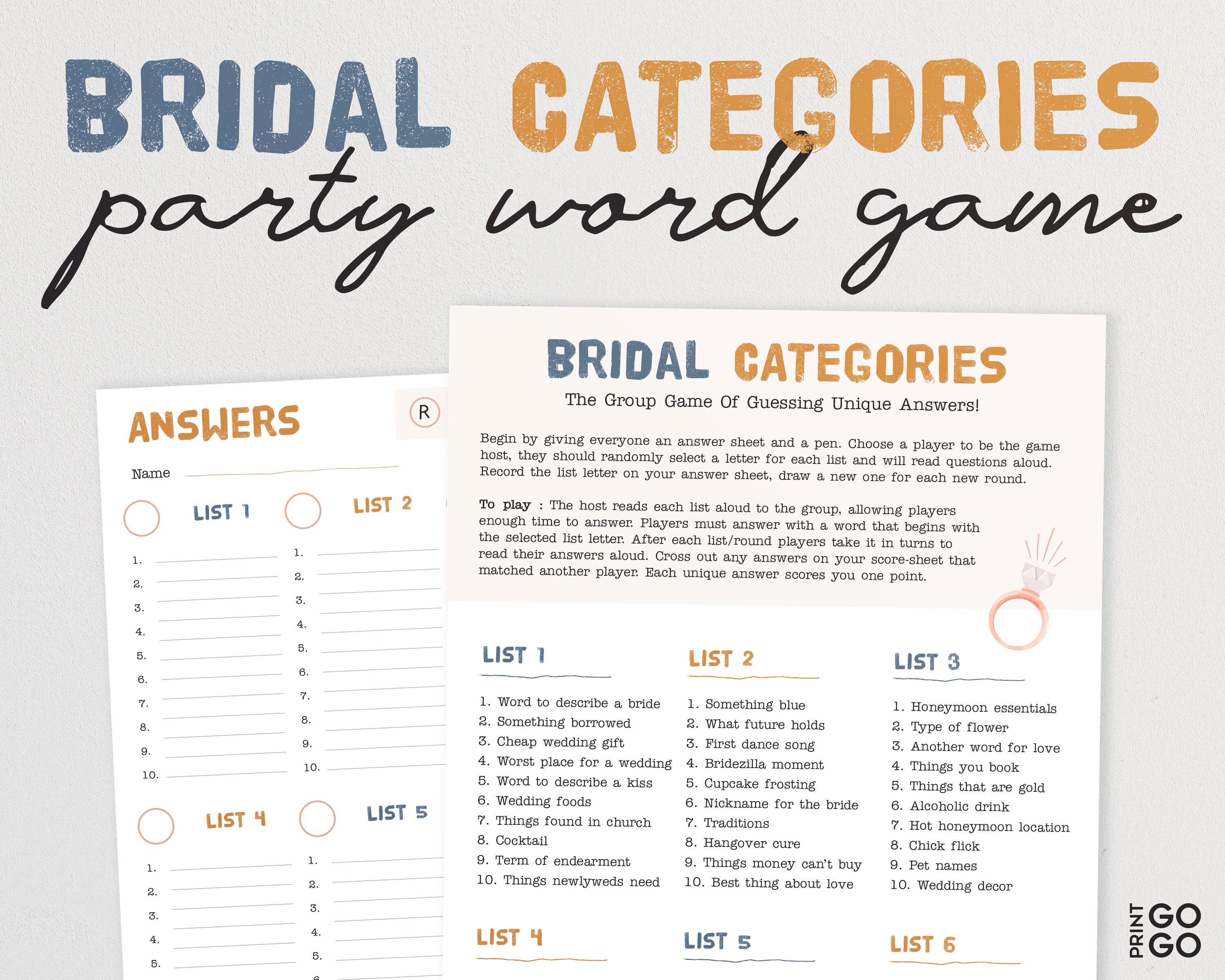 Bridal Categories the Group Game of Guessing Unique Answers - Etsy