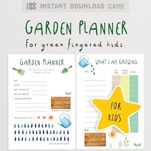 Puede incluir: Planificador de jardín imprimible para niños con una estrella amarilla que dice "Para niños". El planificador incluye secciones para hacer un seguimiento de lo que se está cultivando, instrucciones de plantación y cuánta luz solar necesita cada planta.