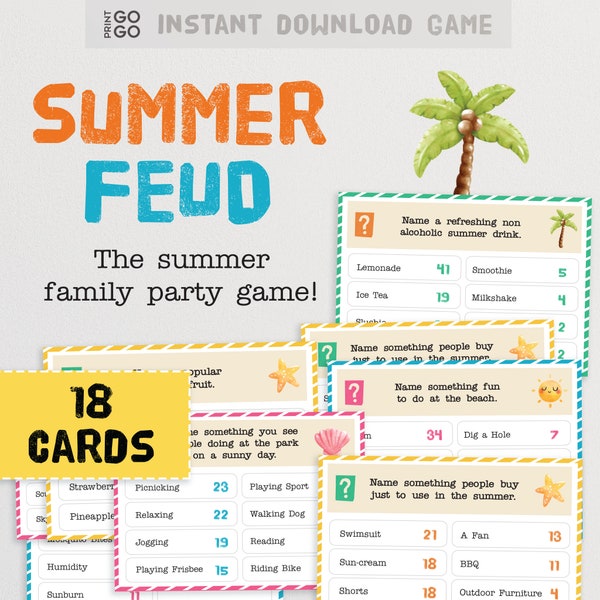 Summer Feud - Le duel de vacances familial pour les meilleures réponses et points | Jeu de groupe de vacances | Fun imprimable pour les enfants et les adolescents