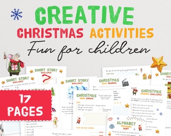 May include: A printable set of 17 Christmas activity pages for children. The pages feature a variety of activities, including short story challenges, a Christmas film journal, a Christmas home cinema, a Christmas reading challenge, and an alphabet treasure hunt. The pages are illustrated with cute, colorful drawings of Christmas-themed characters and objects.