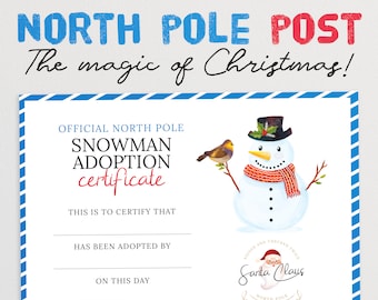 Snowman Adoption Certificate | North Pole Xmas Printable | Christmas Adoption | Holiday Certificate for Kids | Seasonal Games for Children