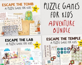 Kids Escape Room Bundle | Puzzle Games for Children | Tomb Escape | Lab Escape | Temple Escape | Family Games | DIY Escape Birthday Party