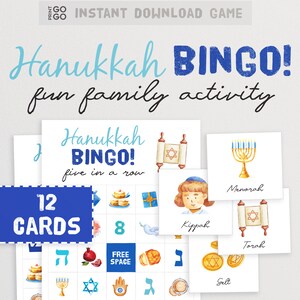 Hanukkah Bingo Cards - Le jeu amusant de la fête juive pour cinq joueurs de suite | Imprimable Fête des Lumières Activités familiales | Jeu de groupe