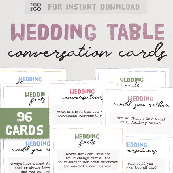 96 Wedding Table Conversation Cards - Ice Breaker Activity for Your Guests and Wedding Reception | Printable Wedding Reception Games