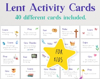 May include: A set of 40 colorful printable Lent activity cards for kids. The cards feature a variety of activities, such as praying, fasting, giving thanks, and making crafts. The cards are decorated with watercolor illustrations of flowers, eggs, and a dragonfly.