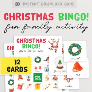 Kerstbingokaarten: het leuke feestspel voor vijf op een rij | Afdrukbare gezinsactiviteiten | Kerstgroepsspel voor kinderen