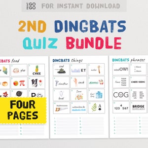 May include: A printable set of 12 dingbat puzzles for kids. The puzzles are divided into three categories: food, things, and phrases. Each puzzle features a colorful illustration and a word or phrase to guess. The set includes four pages of puzzles.