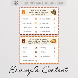 May include: Two Thanksgiving-themed printable game cards with questions and answers. The top card asks what a magic turkey would say to avoid being eaten. The bottom card asks about pilgrim problems. The text "FOR INSTANT DOWNLOAD" is at the top.