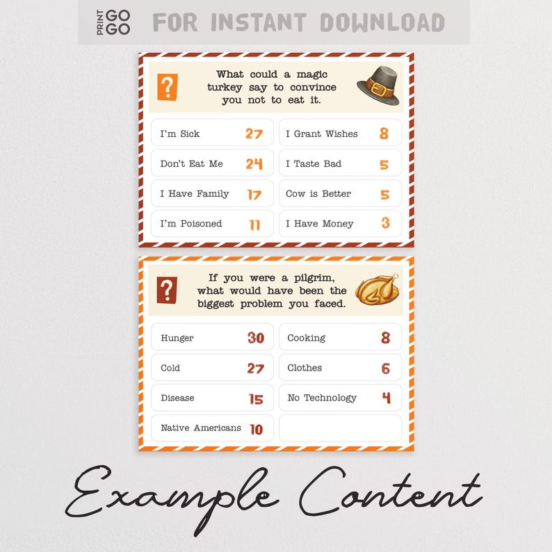 May include: Two Thanksgiving-themed printable game cards with questions and answers. The top card asks what a magic turkey would say to avoid being eaten. The bottom card asks about pilgrim problems. The text "FOR INSTANT DOWNLOAD" is at the top.
