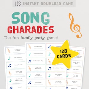 Song Charade Cards - Le jeu amusant pour faire la fête en famille consistant à jouer le rôle et à deviner des titres de chansons | Jeu Fête de Musique Imprimable | Nommez le jeu de la chanson