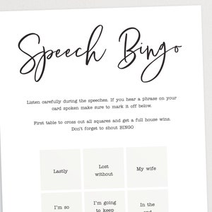 May include: A printable speech bingo card with phrases like "Lastly", "Lost without", "My wife", "I'm so", "I'm going to keep", and "In the end".