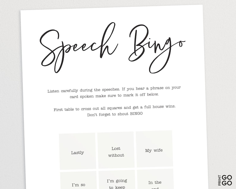 May include: A printable speech bingo card with phrases like "Lastly", "Lost without", "My wife", "I'm so", "I'm going to keep", and "In the end".