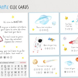 May include: A set of 8 colorful clue cards with illustrations of a rocket, astronaut, planets, and stars. The cards have text that includes the words "Blast Off!" and "Top Secret Astronaut Alphabet".