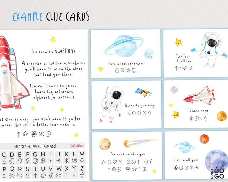 May include: A set of 8 colorful clue cards with illustrations of a rocket, astronaut, planets, and stars. The cards have text that includes the words "Blast Off!" and "Top Secret Astronaut Alphabet".