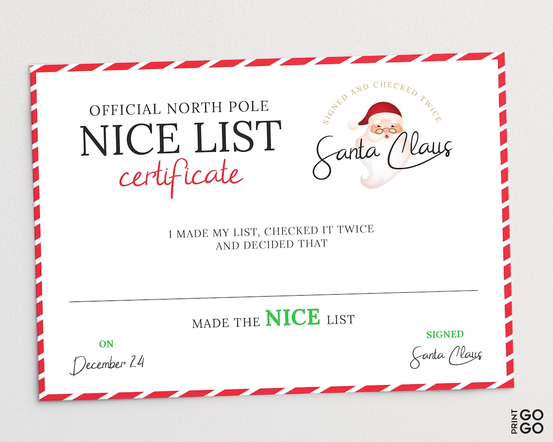 Santa Nice List Certificate Father Christmas Letter Etsy UK