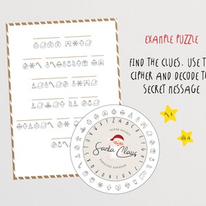 May include: A printable Christmas activity sheet with a cipher wheel featuring a cartoon Santa Claus. The sheet includes a message to decode using the cipher wheel. The message is "SUPER SECRET Santa Claus".