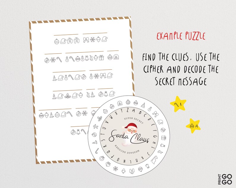 May include: A printable Christmas activity sheet with a cipher wheel featuring a cartoon Santa Claus. The sheet includes a message to decode using the cipher wheel. The message is "SUPER SECRET Santa Claus".