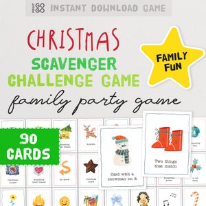 May include: A printable Christmas scavenger hunt game for families. The game includes 90 cards with various Christmas-themed images and text prompts, such as "Something with wheels", "Rudolph", "Two things that match", and "Card with a snowman on it".