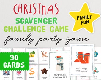 May include: A printable Christmas scavenger hunt game for families. The game includes 90 cards with various Christmas-themed images and text prompts, such as "Something with wheels", "Rudolph", "Two things that match", and "Card with a snowman on it".