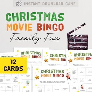 12 Weihnachtsfilm Bingokarten - Das familienfreundliche Spiel des Fernsehens und Aufpassens | Weihnachten Teen Spiel | Urlaub Bingo Karten