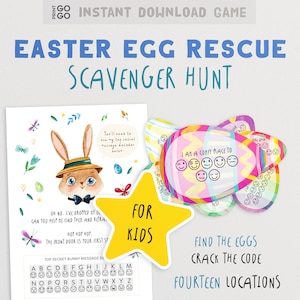Caccia al tesoro per il salvataggio delle uova di Pasqua: decifrazione del codice, risoluzione dei messaggi segreti, gioco di puzzle per bambini / Attività di caccia al tesoro primaverile al coperto