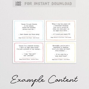 Peut inclure: Quatre cartes color&eacute;es avec des paroles de chansons imprim&eacute;es dessus. Chaque carte a un titre de chanson et un artiste diff&eacute;rents. Les cartes sont dispos&eacute;es en grille 2x2. Le texte sur les cartes est : 'Cause I've got friends in low places, where the whiskey drowns and the... beer chases my blues away. Song: Friends in Low Places - Garth Brooks. When I was ten years old I remember thinking how cool it would be, when we were goin' on an eight hour drive... if I could just watch TV. Song: Welcome to the Future - Brad Paisley. 'Cause I'm a redneck woman. I ain't no high class broad I'm just a product of my raising... I say, "hey ya'll" and "yee-haw". Song: Redneck Woman - Gretchen Wilson. Moonlight, you're just a heartache in disguise, won't you keep my heart from breakin'... If it's only for a very short time? Song: Queen of Hearts - Juice Newton.