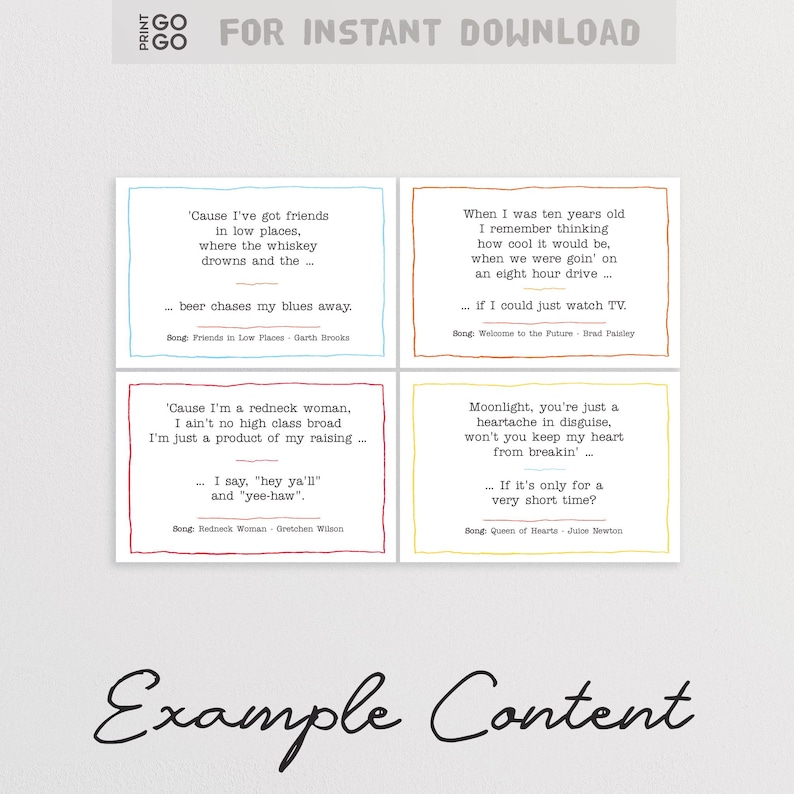 Peut inclure: Quatre cartes color&eacute;es avec des paroles de chansons imprim&eacute;es dessus. Chaque carte a un titre de chanson et un artiste diff&eacute;rents. Les cartes sont dispos&eacute;es en grille 2x2. Le texte sur les cartes est : 'Cause I've got friends in low places, where the whiskey drowns and the... beer chases my blues away. Song: Friends in Low Places - Garth Brooks. When I was ten years old I remember thinking how cool it would be, when we were goin' on an eight hour drive... if I could just watch TV. Song: Welcome to the Future - Brad Paisley. 'Cause I'm a redneck woman. I ain't no high class broad I'm just a product of my raising... I say, "hey ya'll" and "yee-haw". Song: Redneck Woman - Gretchen Wilson. Moonlight, you're just a heartache in disguise, won't you keep my heart from breakin'... If it's only for a very short time? Song: Queen of Hearts - Juice Newton.