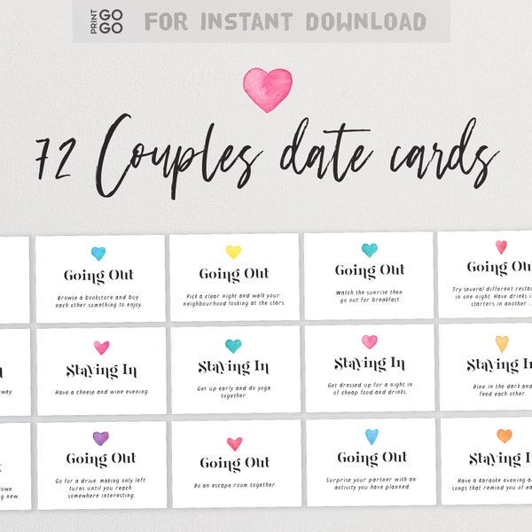 72 Couples Date Cards | A Year Of Date Night Idea Cards | Weekly Date Night Jar | Couples Cards | First Anniversary Gift | Paper Anniversary