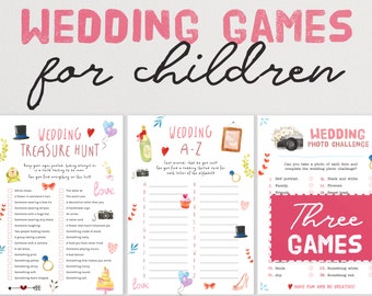 May include: Three printable wedding games for children. The games are a treasure hunt, a wedding A-Z, and a photo challenge. The games are illustrated with watercolor-style images of wedding-themed items like a top hat, a champagne bottle, a camera, and a wedding cake.