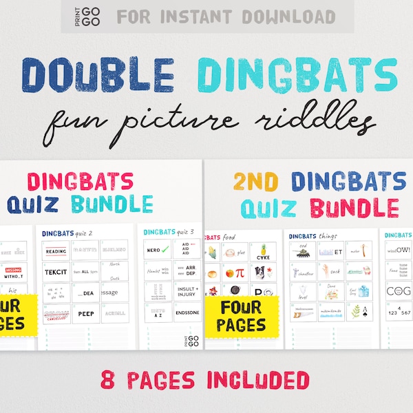 Double Dingbats Bundle - 8 pages de puzzles de quiz en images | Jeu de devinettes amusant pour les familles et les amis ! Énigmes Casse-tête Rébus