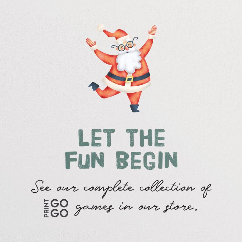 Puede incluir: Una ilustraci&oacute;n de dibujos animados de Pap&aacute; Noel con gafas y un traje rojo con ribetes blancos, bailando con los brazos en alto. El texto "LET THE FUN BEGIN" est&aacute; escrito en verde debajo de la imagen. El texto "See our complete collection of GO games in our store." est&aacute; escrito en negro debajo del texto verde.