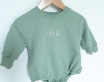 Sage Green bubble romper - Custom Embroidered baby Sweatshirt - baby name long sleeve - personalized gift - girl, boy, gender neutral