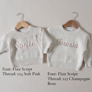 Chunky knit oversized fit sweater with confetti color specks and custom large machine embroidery. Thread color and name or saying of choice is completely personalizable. Modern, neutral, and minimal design for baby, toddler, and kids.