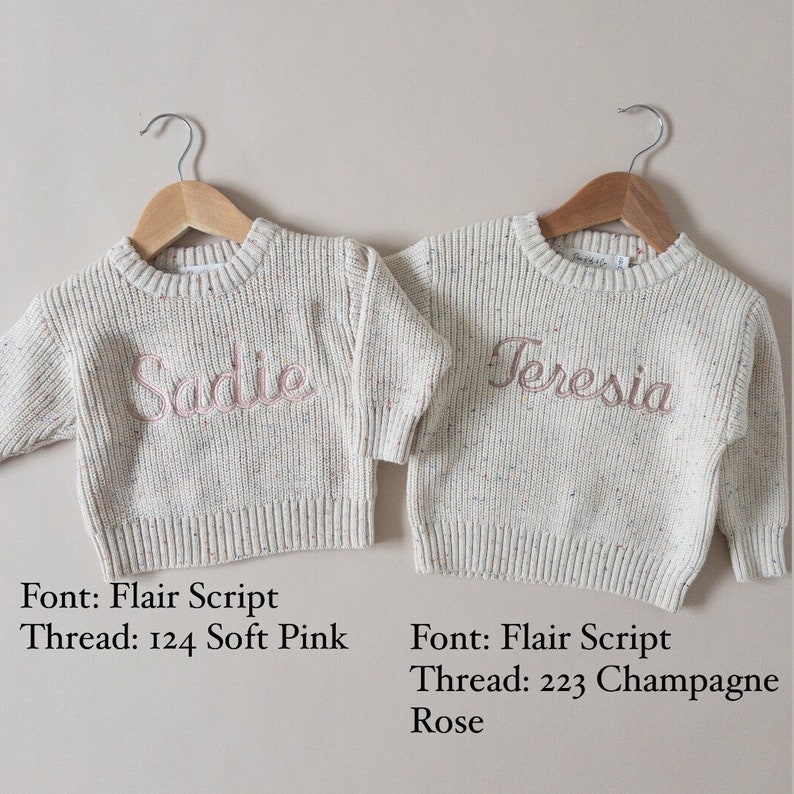 Chunky knit oversized fit sweater with confetti color specks and custom large machine embroidery. Thread color and name or saying of choice is completely personalizable. Modern, neutral, and minimal design for baby, toddler, and kids.