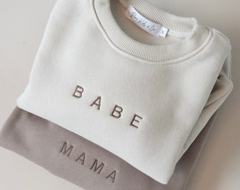 Mama and babe, mini, bubs, sis embroidery crew, custom embroidered baby, toddler, kids sweatshirt, personalized, gender neutral, earth tone