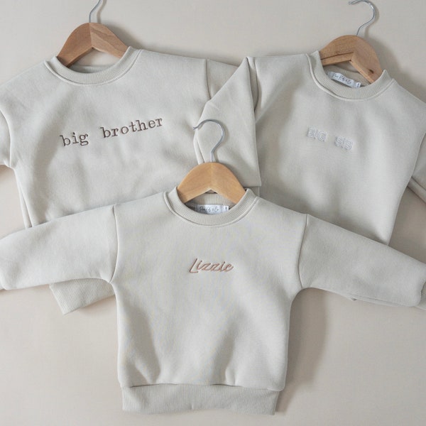 big brother, big sister, name embroidery crew, custom embroidered baby, toddler, kids sweatshirt, personalized, gender neutral, earth tone