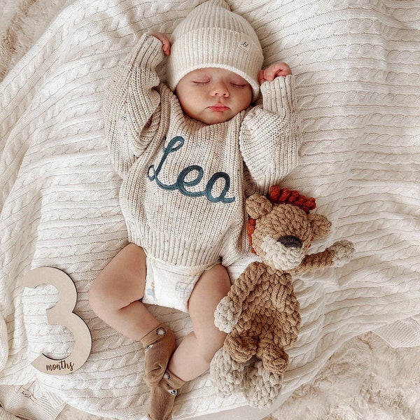 Personalized embroidered sweater chunky knit oversized fit- baby announcement - toddler / kids - long sleeve, name embroidery - custom order