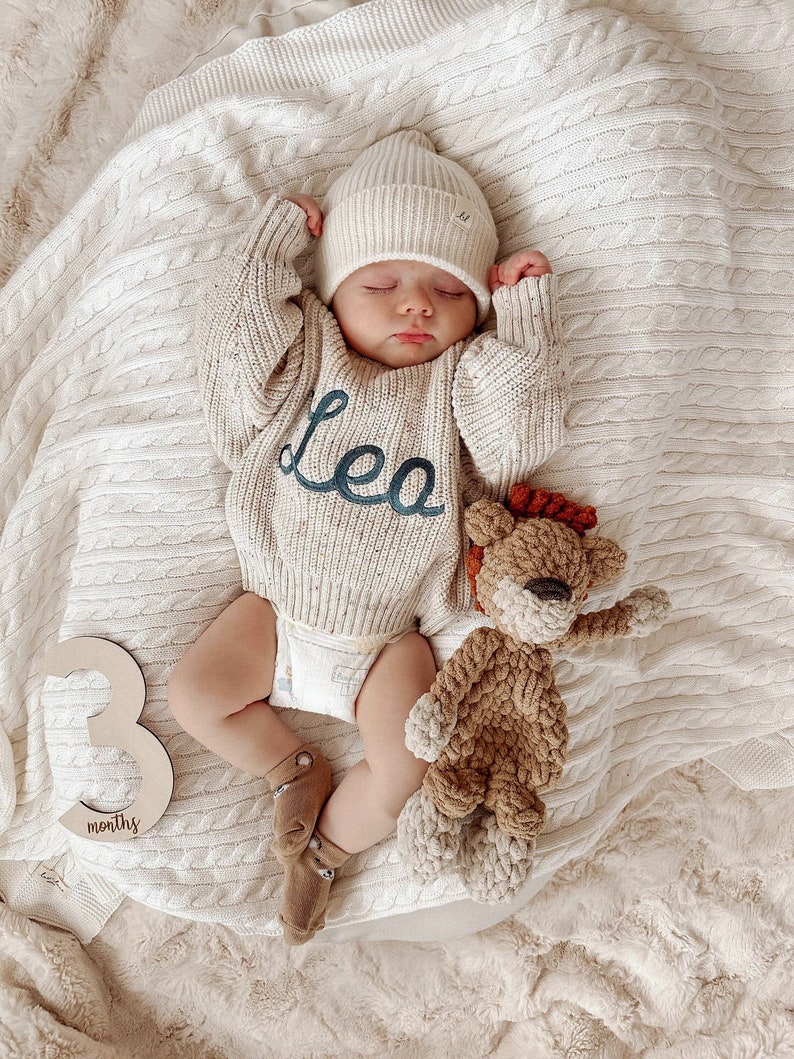 Personalized embroidered sweater chunky knit oversized fit baby announcement toddler / kids long sleeve, name embroidery custom order image 1