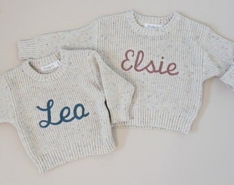 Personalized embroidered sweater chunky knit oversized fit- baby announcement - toddler / kids - long sleeve, name embroidery - custom order