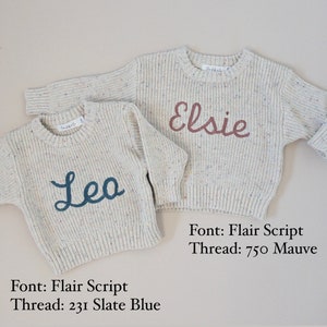 Chunky knit oversized fit sweater with confetti color specks and custom large machine embroidery. Thread color and name or saying of choice is completely personalizable. Modern, neutral, and minimal design for baby, toddler, and kids.